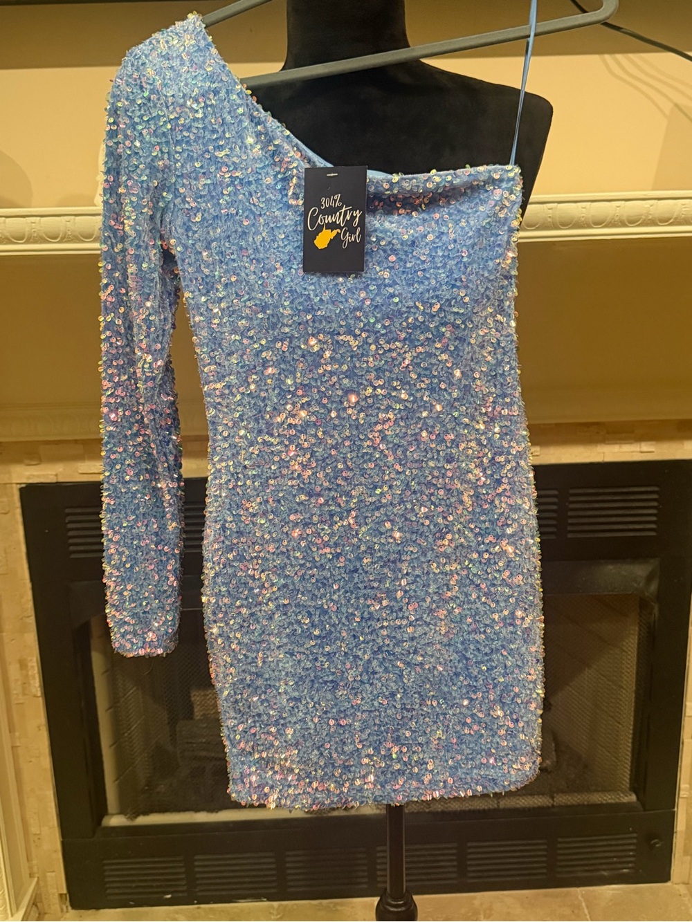 Homecoming One-Shoulder Sequin Mini Dress in Iridescent Blue